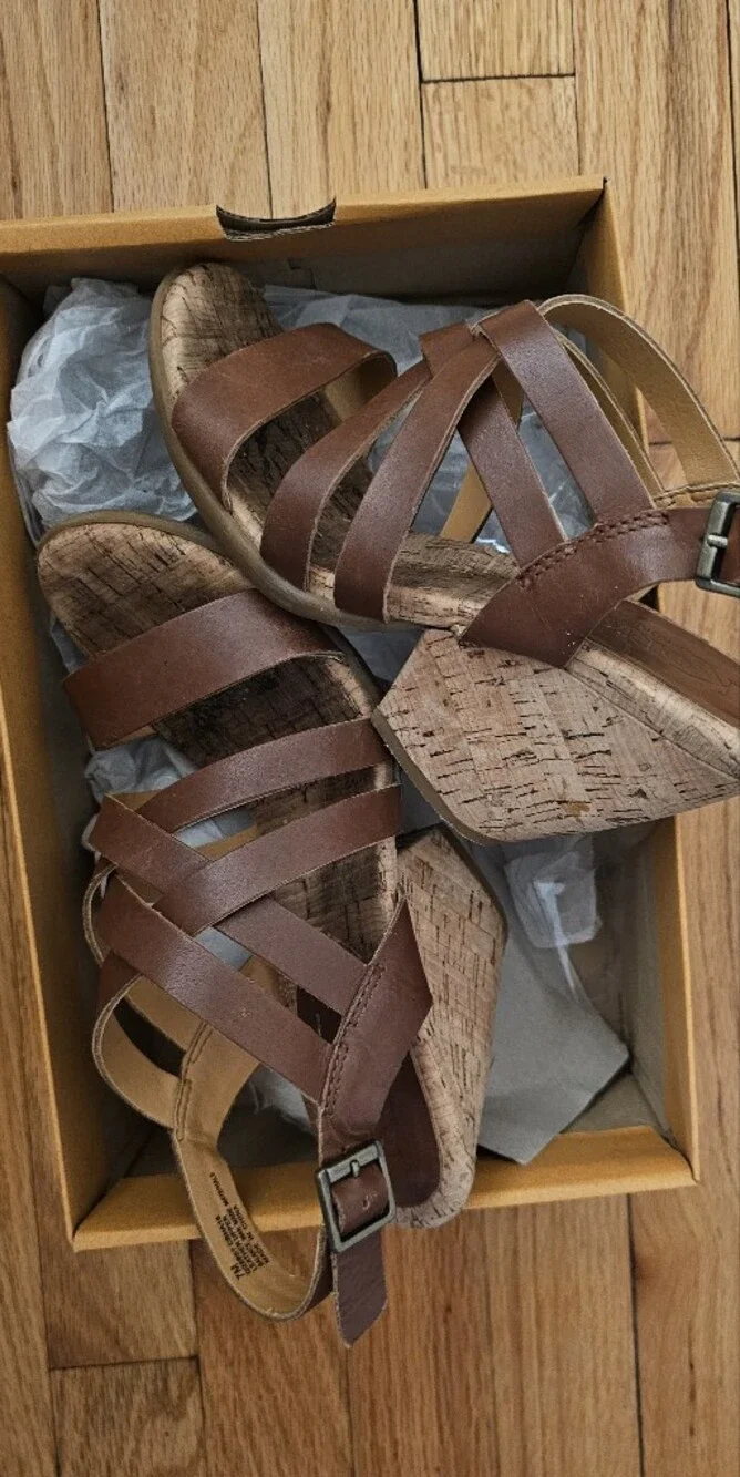 Kork-Ease Brown Leather Multi-Strap Cork Wedge Sandals